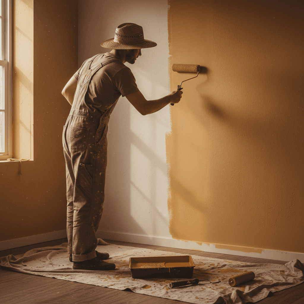 Painter applying fresh paint coat to interior wall with professional roller technique