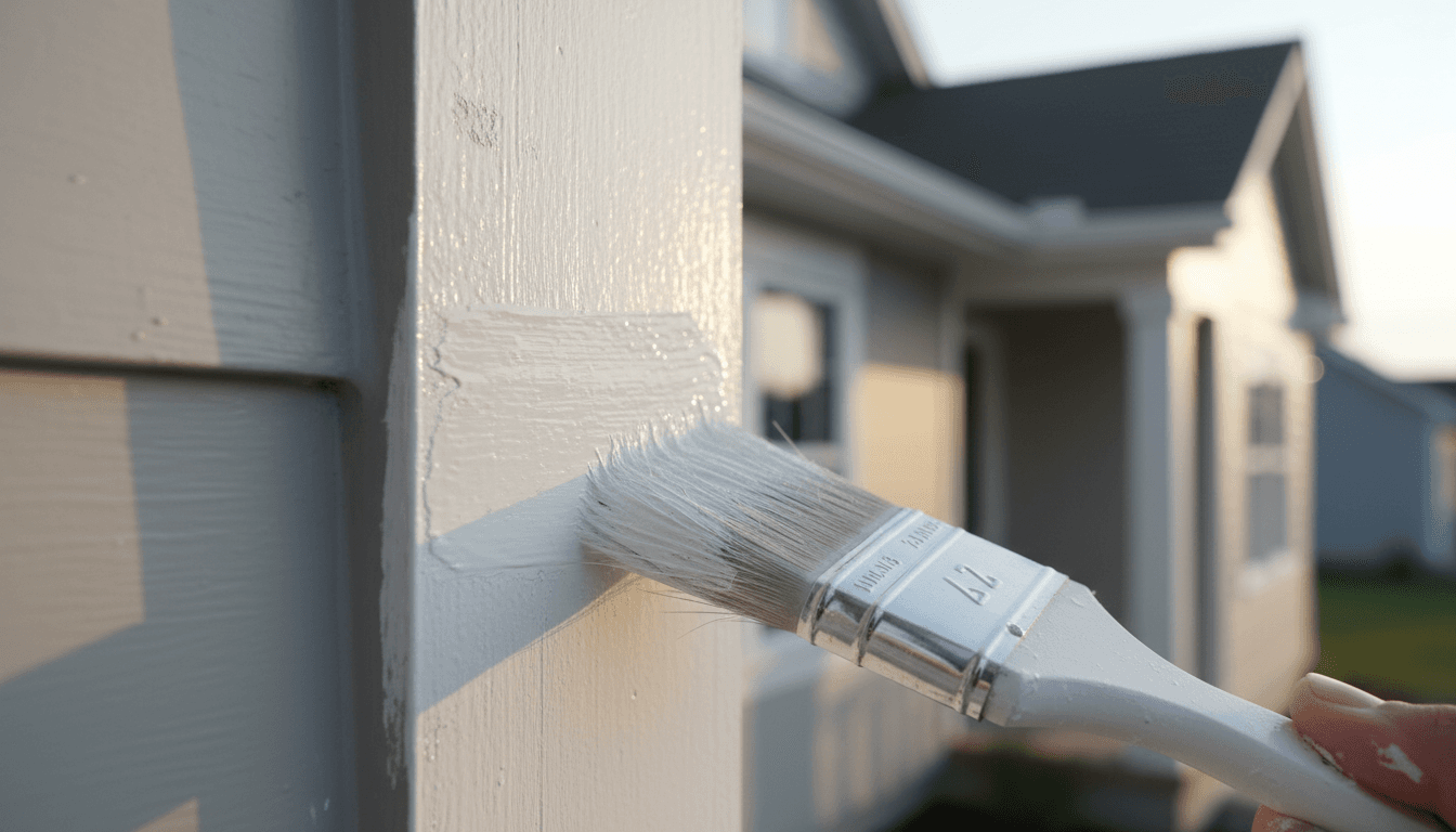 Painter applying fresh paint to residential trim with professional brush technique