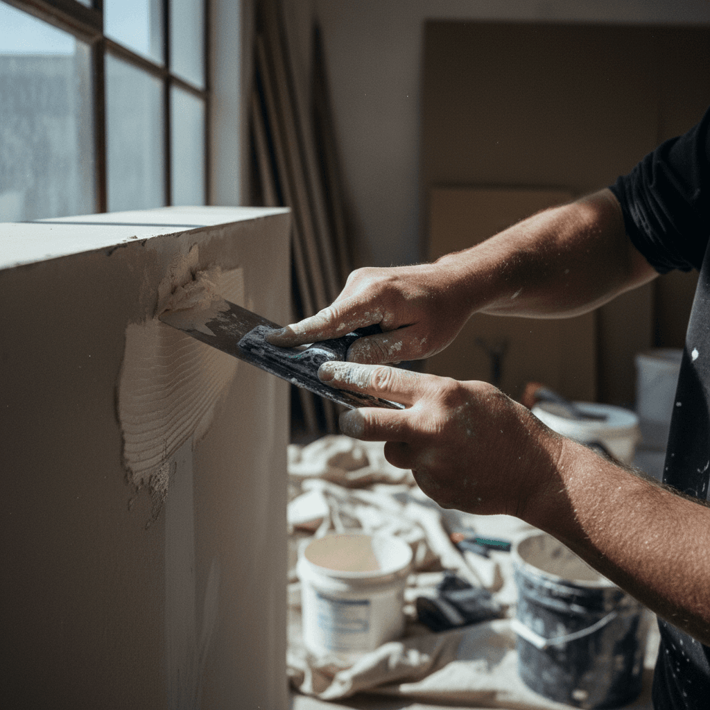 Painter applying joint compound to wall patch during prep work
