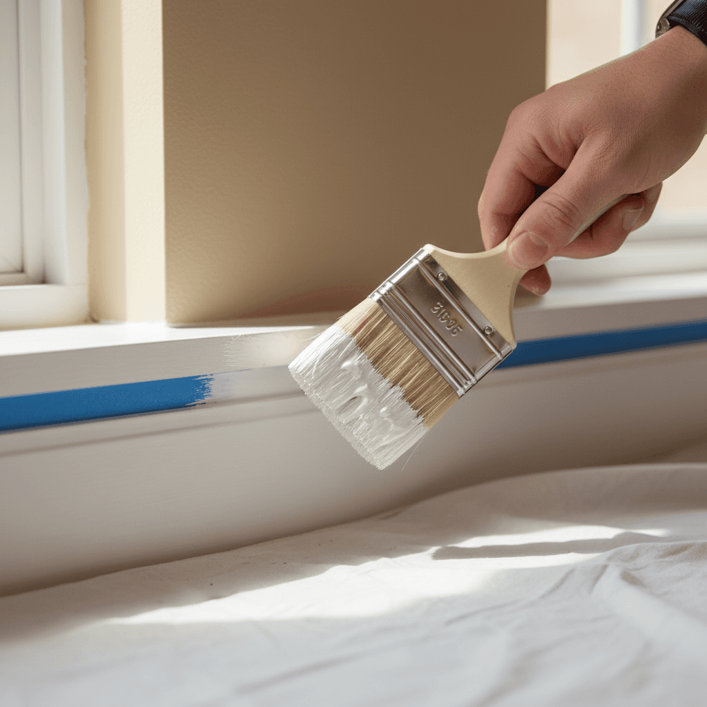 Painter taping trim with precision