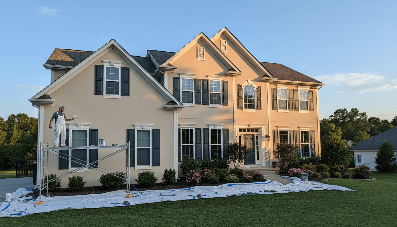 Professional painter on scaffolding applying fresh paint to residential home exterior during golden hour lighting