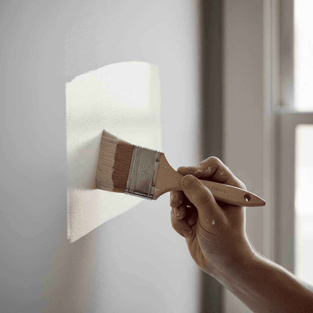 Painter applying fresh paint to wall with precision brushwork