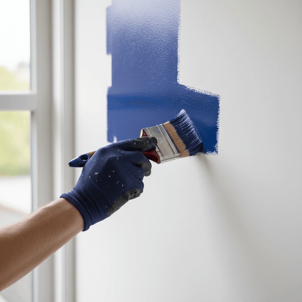 Painter's hands applying fresh paint with precision to a residential wall