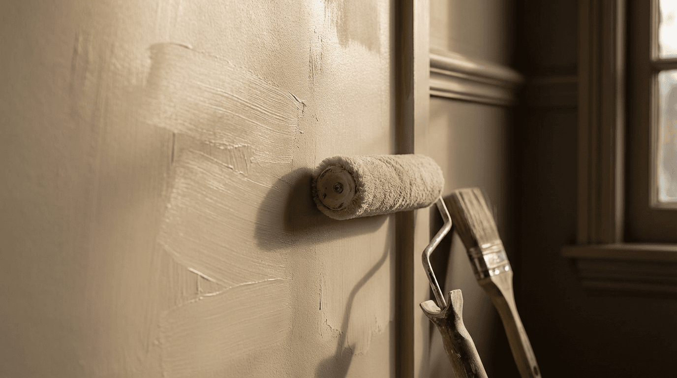 Close-up of professional exterior paint application showing finished wall surface in warm afternoon light