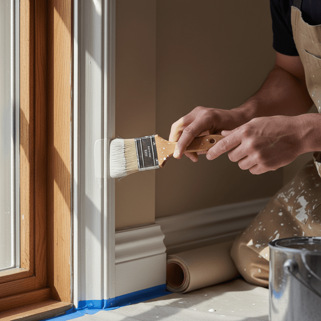 Professional painter's hands carefully applying white trim paint with angled brush on doorframe in natural light